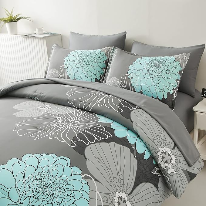Yiran 7 Pieces Bed in a Bag Floral Comforter Set Green Flowers Bedding Set Soft Microfiber King Comforter Sets with 1 Comforter 1 Flat Sheet 1 Fitted Sheet 2 Pillowshams and 2 Pillowcases - LeafyLoom