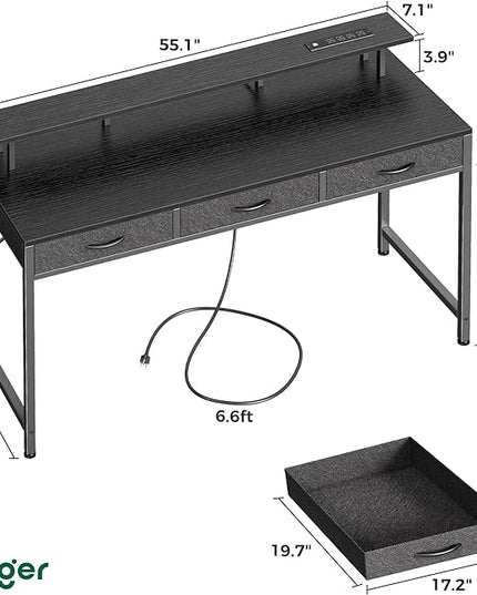 55 inch Computer Desk with 3 Drawers, Office Desk Gaming Desk with LED Lights & Power Outlets, Home Office Desks with Storage Space for Bedroom, Work from Home, Black - LeafyLoom