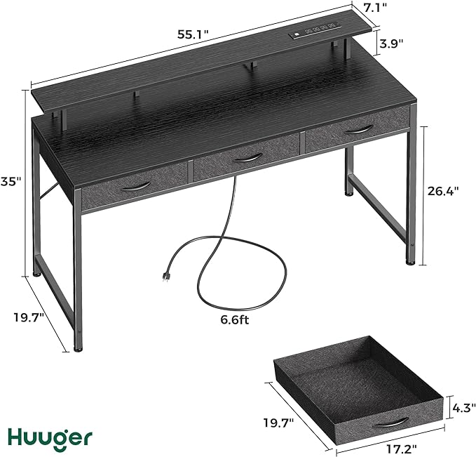 55 inch Computer Desk with 3 Drawers, Office Desk Gaming Desk with LED Lights & Power Outlets, Home Office Desks with Storage Space for Bedroom, Work from Home, Black - LeafyLoom