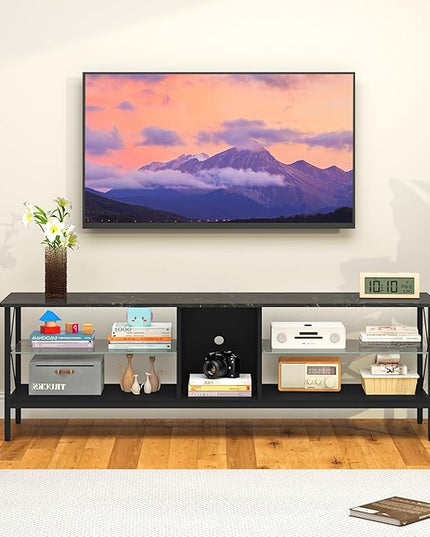 Clikuutory 63 Inch Marble Texture TV Stand with LED Lights for 40 50 55 60 65 70 Inch TVs, 3Tier Modern Metal Television Stands with Entertainment Center and Storage for Living Room, Bedroom, Black - LeafyLoom