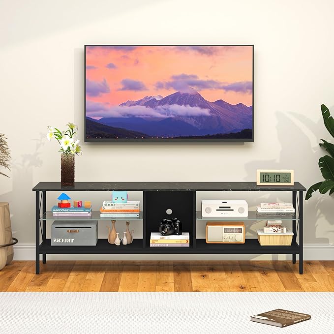 Clikuutory 63 Inch Marble Texture TV Stand with LED Lights for 40 50 55 60 65 70 Inch TVs, 3Tier Modern Metal Television Stands with Entertainment Center and Storage for Living Room, Bedroom, Black - LeafyLoom