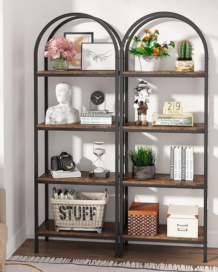 4-tier Arched Bookshelf, Tall Open Bookcase Storage Shelves, Wood Metal Freestanding Display Rack Tall Shelving Unit for Home Office, Bedroom, Living Room, Rustic Brown - LeafyLoom