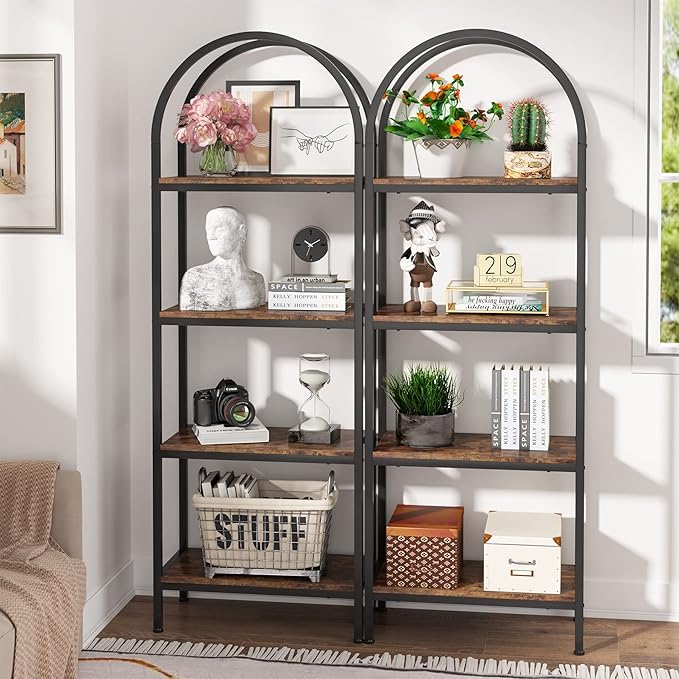 4-tier Arched Bookshelf, Tall Open Bookcase Storage Shelves, Wood Metal Freestanding Display Rack Tall Shelving Unit for Home Office, Bedroom, Living Room, Rustic Brown - LeafyLoom