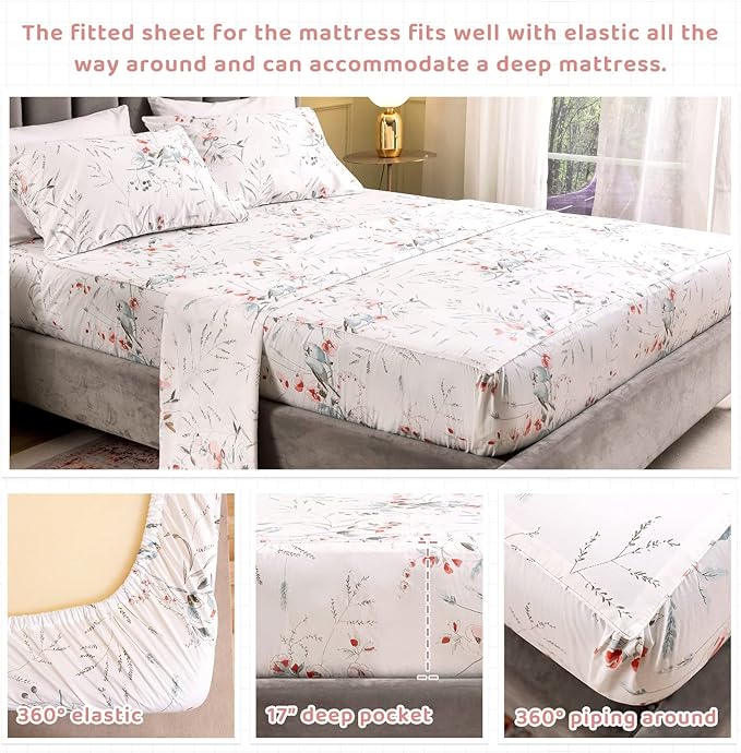QSH Floral Queen Size Sheet Sets - 100% Egyptian Cotton Sheets Elegant Botanical Flower Leaves Bird Printed Bedding Sheets Queen Size Bed Extra Soft and Breathable 4pcs Deep Pockets Bed Sheets - LeafyLoom