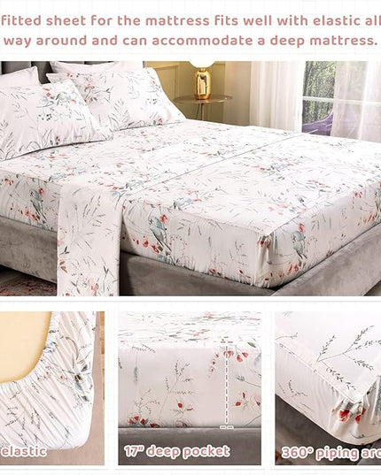 QSH Floral King Size Sheet Sets - 100% Egyptian Cotton Floral Bedding Sheets Botanical Bird Printed Bedding King Size Bed Sheets 17.5" Extra Deep Pocket 4pcs - LeafyLoom