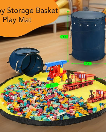Toy Storage Basket + Play Mat for Kids Toy Chest Organizer Kids Toy Storage Organizer Foldable Big Storage Bins with Lids Large Toy Box for Boys Girls Toy Holders for Kids Rooms Nursery (Blue) - LeafyLoom