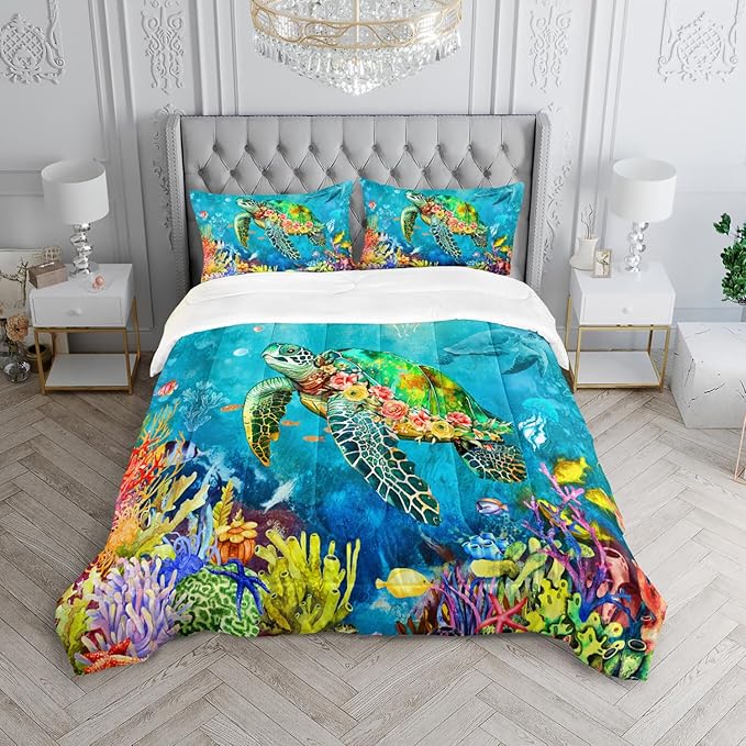 Kids Turtle Rose Comforter Set Twin Beach Theme Jellyfish Starfish Bedding Set Sea Animal Reptile Bed Set with 2 Pillowcases for Boys Girls Room Decor - LeafyLoom