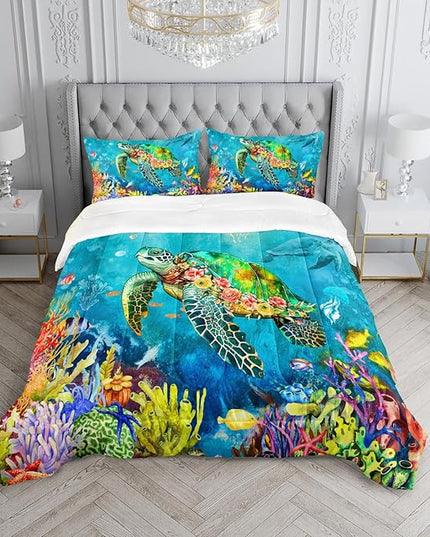 Kids Turtle Rose Comforter Set Queen Beach Theme Jellyfish Starfish Bedding Set Sea Animal Reptile Bed Set with 2 Pillowcases for Boys Girls Room Decor - LeafyLoom