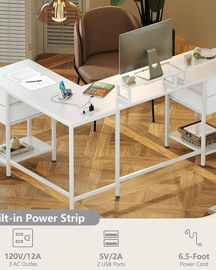 L Shaped Computer Desk with Power Outlets, 59 inch Reversible Home Office Desk with Storage Shelves & 2 Monitor Stands, Gaming Desk with 4 Fabric Drawers for Bedroom, White - LeafyLoom