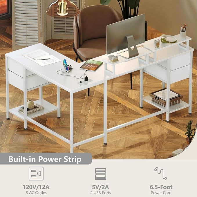 L Shaped Computer Desk with Power Outlets, 59 inch Reversible Home Office Desk with Storage Shelves & 2 Monitor Stands, Gaming Desk with 4 Fabric Drawers for Bedroom, White - LeafyLoom
