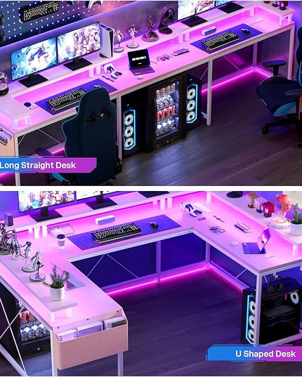 U Shaped Computer Gaming Desk, Reversible L Shaped Desk with Power Outlets, LED Strip & Monitor Stand, Large Corner Desk with Storage Shelves for Home Office,Deep Pink - LeafyLoom