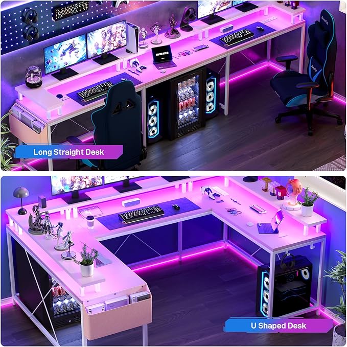 U Shaped Computer Gaming Desk, Reversible L Shaped Desk with Power Outlets, LED Strip & Monitor Stand, Large Corner Desk with Storage Shelves for Home Office,Deep Pink - LeafyLoom