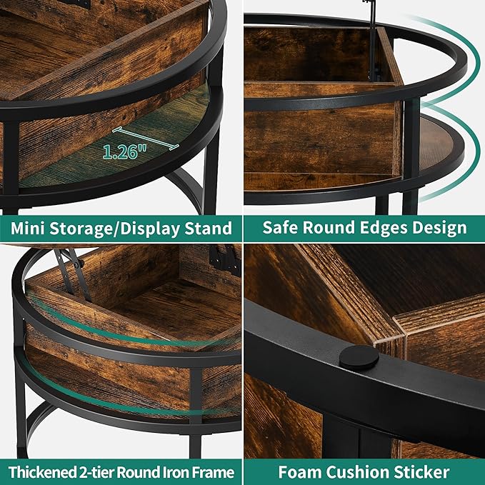 YITAHOME Round Lift Top Coffee Table, Coffee Tables for Living Room with Hidden Storage Compartment, Modern Coffee Table with Storage for Home Office,Round Center Tables Living Room,Rustic Brown - LeafyLoom
