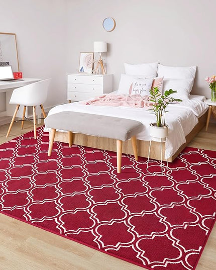 Chicrug Shag Geometric 6x9 Area Rug for Living Room, Large Modern Memory Foam Indoor Carpet, Fluffy Rug for Bedroom Bedside Room Decor for Family Girls Kids Nursery, Wine Red/White - LeafyLoom