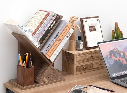 Labcosi 2 Tier Tree Bookshelf, Small Bookshelf for Storing Books/CDs, Wood Book Organizer Shelves for Home Office, Bedroom, Living Room, Rustic Brown - LeafyLoom