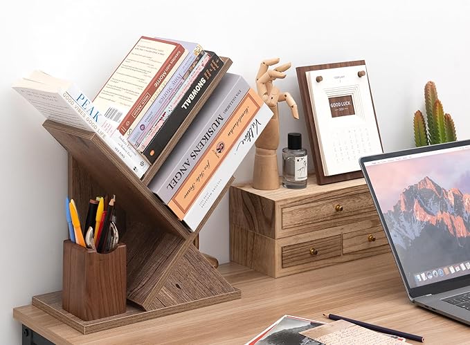 Labcosi 2 Tier Tree Bookshelf, Small Bookshelf for Storing Books/CDs, Wood Book Organizer Shelves for Home Office, Bedroom, Living Room, Rustic Brown - LeafyLoom