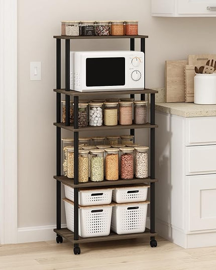Furinno Turn-N-Tube 5-Tier Toolless Kitchen Storage Cart with Lockable Wheels, Columbia Walnut/Black - LeafyLoom