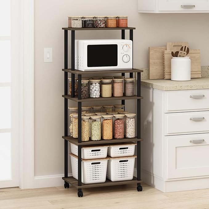 Furinno Turn-N-Tube 5-Tier Toolless Kitchen Storage Cart with Lockable Wheels, Columbia Walnut/Black - LeafyLoom