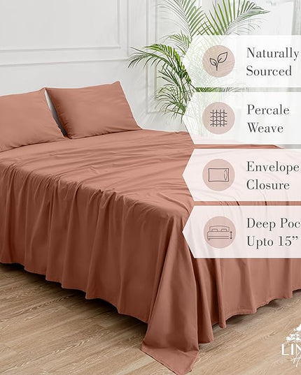 Linen Home Washed Cotton Percale Full Sheet Set, Tera Clay, Deep Pocket, 4 Pieces Bed Sheets - 1 Flat Sheet, 1 Fitted Sheet & 2 Envelope Closure Pillowcases, Cool and Comfortable Bed Linen - LeafyLoom