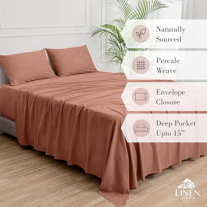 Linen Home Washed Cotton Percale Full Sheet Set, Tera Clay, Deep Pocket, 4 Pieces Bed Sheets - 1 Flat Sheet, 1 Fitted Sheet & 2 Envelope Closure Pillowcases, Cool and Comfortable Bed Linen - LeafyLoom