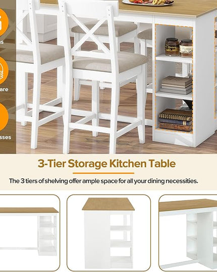 NicBex Dining Table for 4 Small Kitchen Table Set for 4 Solid Wood Farmhouse Counter Height Dining Table Set with 3-Tier Storage Shelves, Upholstered Dining Chairs for 4, Natural+White - LeafyLoom