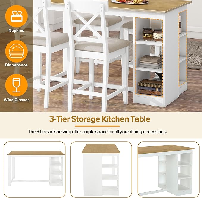 NicBex Dining Table for 4 Small Kitchen Table Set for 4 Solid Wood Farmhouse Counter Height Dining Table Set with 3-Tier Storage Shelves, Upholstered Dining Chairs for 4, Natural+White - LeafyLoom
