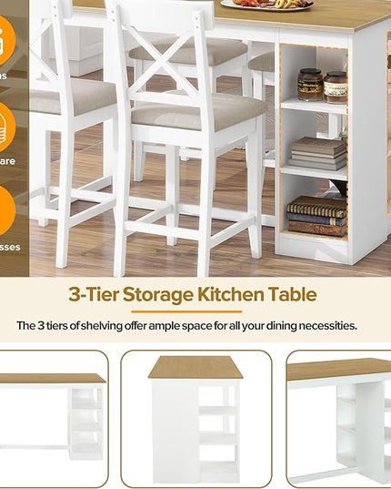 Farmhouse Counter Height 3-Tier Storage Shelves, Solid Wood w/4 Upholstered Chairs, Easy Assembly, for Kitchen, Room, Natural+White, 5 Piece Dining Table Set - LeafyLoom