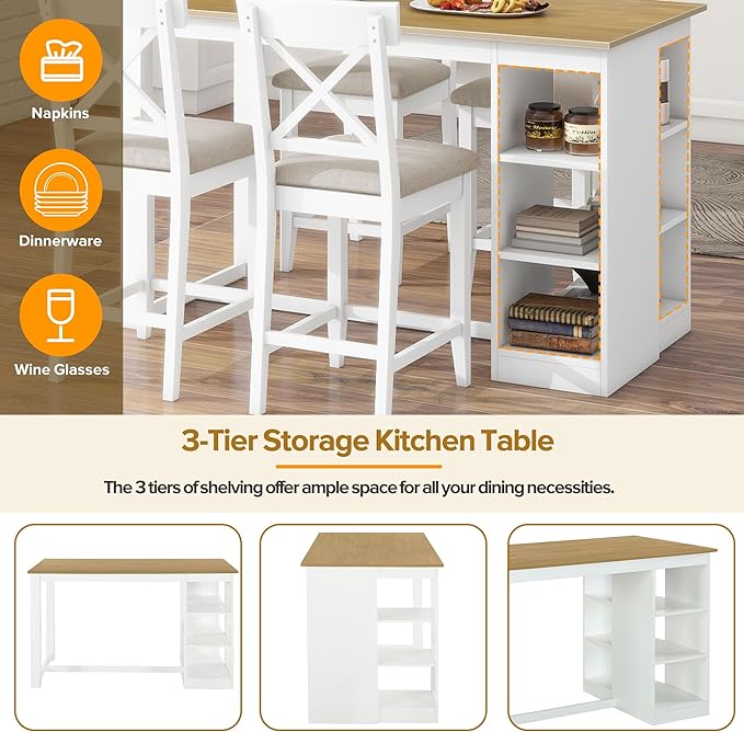Farmhouse Counter Height 3-Tier Storage Shelves, Solid Wood w/4 Upholstered Chairs, Easy Assembly, for Kitchen, Room, Natural+White, 5 Piece Dining Table Set - LeafyLoom