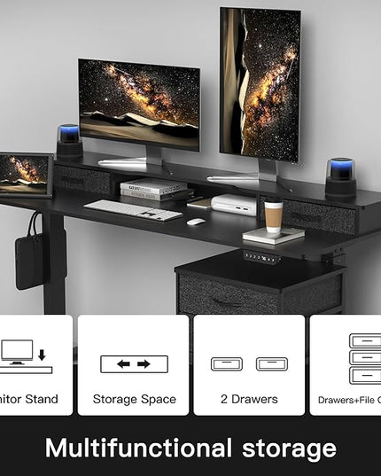 55 Inch Electric Standing Desk with Cabinet & Drawers, Height Adjustable Sit Stand Desk with Monitor Shelf, Smart Home Office Standing Computer Desk, Black - LeafyLoom