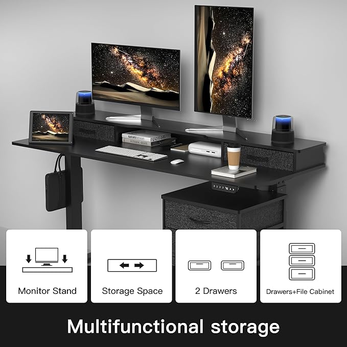 55 Inch Electric Standing Desk with Cabinet & Drawers, Height Adjustable Sit Stand Desk with Monitor Shelf, Smart Home Office Standing Computer Desk, Black - LeafyLoom