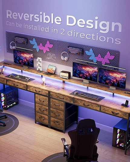 Gaming Desk with 6 Drawers, Computer Desk with LED Lights Power Outlets and Type-C, 54 Inch Office Desk with Storage, Monitor Stand, Writing Desk Work Desk for Home Office, Study, Rustic Brown - LeafyLoom