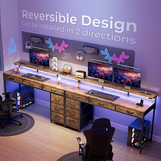 Gaming Desk with 6 Drawers, Computer Desk with LED Lights Power Outlets and Type-C, 54 Inch Office Desk with Storage, Monitor Stand, Writing Desk Work Desk for Home Office, Study, Rustic Brown - LeafyLoom