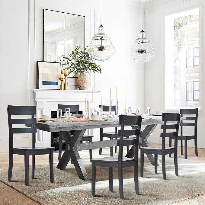 COLAMY Wooden Dining Chairs Set of 2, Ladder High Back Kitchen Side Chair, Farmhouse Armless Dining Room Chairs with Adjustable Foot Pegs, Black - LeafyLoom