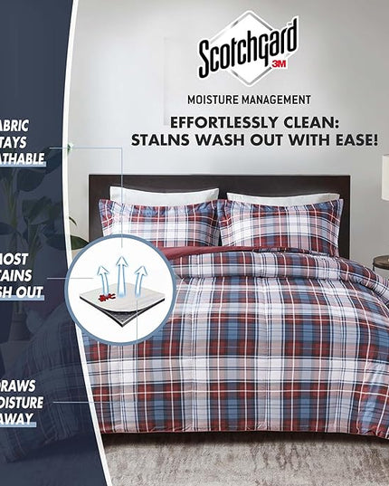 Madison Park Essentials Parkston Plaid Comforter, Matching Sham, 3M Scotchguard Stain Release Cover, Hypoallergenic All Season Bedding-Set, Full/Queen, Red, 3 Piece - LeafyLoom