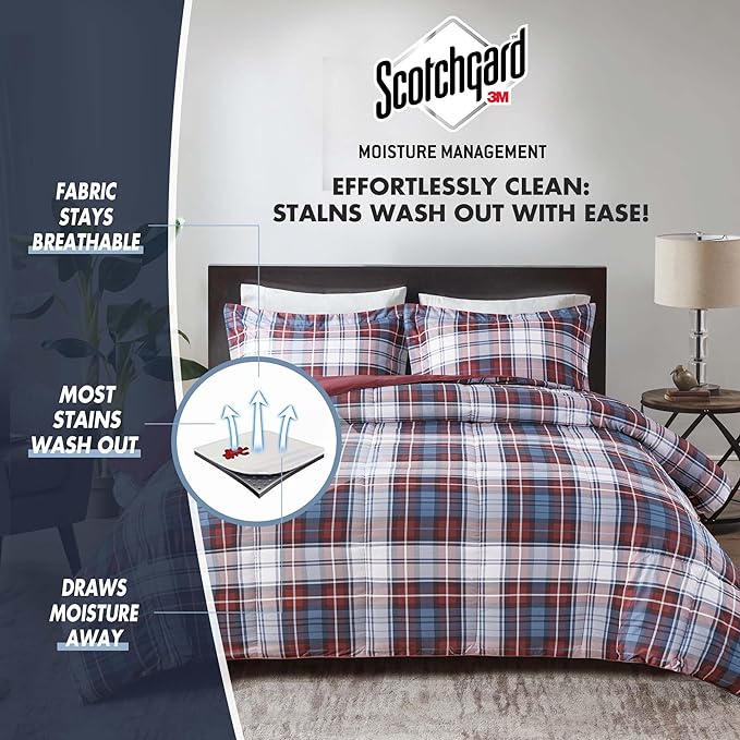 Madison Park Essentials Parkston Plaid Comforter, Matching Sham, 3M Scotchguard Stain Release Cover, Hypoallergenic All Season Bedding-Set, Full/Queen, Red, 3 Piece - LeafyLoom