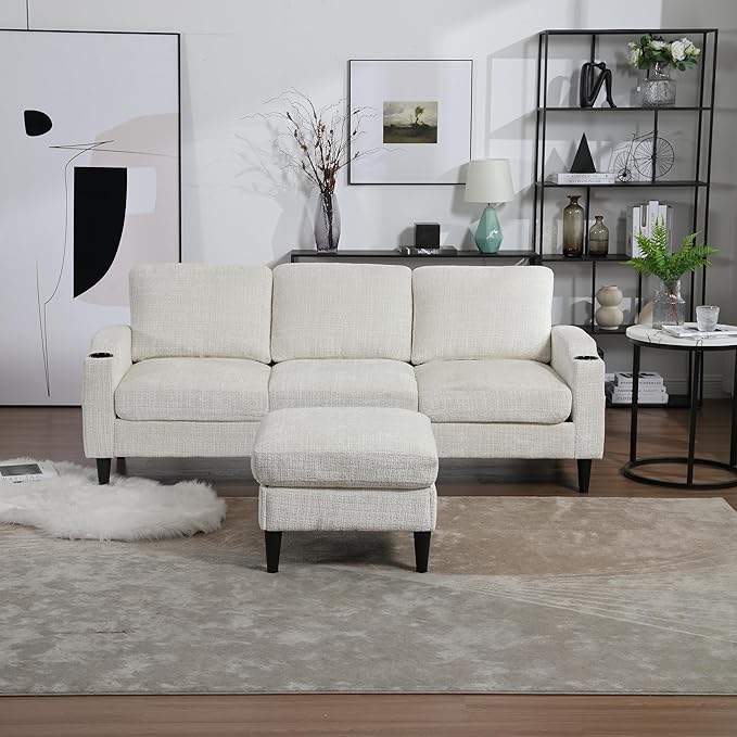 Convertible Sectional Sofa with Movable Storage Ottoman and Cupholders, 3 Seater L-Shaped Corner Couch,Chenille Upholstered Furniture w/Detachable Thicked Cushions for Living Room, Small Space - LeafyLoom