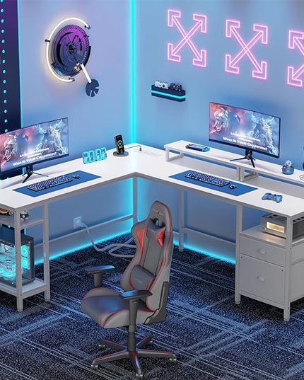 Furologee White 66” L Shaped Desk with Power Outlet, Reversible Computer Desk with File Drawer & 2 Monitor Stands, Home Office Desk with Storage Shelves, Corner Desk for Gaming Writing - LeafyLoom