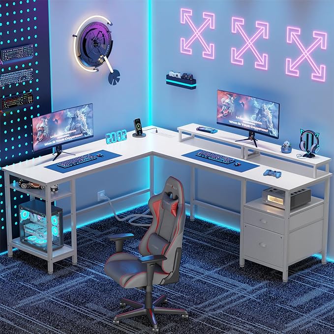 Furologee White 66” L Shaped Desk with Power Outlet, Reversible Computer Desk with File Drawer & 2 Monitor Stands, Home Office Desk with Storage Shelves, Corner Desk for Gaming Writing - LeafyLoom