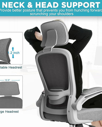 Mimoglad Office Chair, High Back Ergonomic Desk Chair with Adjustable Lumbar Support and Headrest, Swivel Task Chair with flip-up Armrests for Guitar Playing, 5 Years Warranty - LeafyLoom