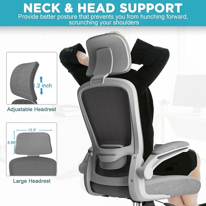 Mimoglad Office Chair, High Back Ergonomic Desk Chair with Adjustable Lumbar Support and Headrest, Swivel Task Chair with flip-up Armrests for Guitar Playing, 5 Years Warranty - LeafyLoom