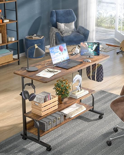 Height Adjustable Standing Desk with Power Outlets, 39" Manual Stand Up Desk with Storage Shelves Small Mobile Rolling Computer Desk Portable Laptop Table with Wheels for Home Office, Rustic - LeafyLoom