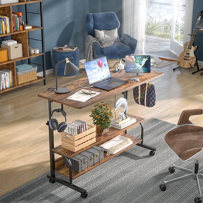 Height Adjustable Standing Desk with Power Outlets, 39" Manual Stand Up Desk with Storage Shelves Small Mobile Rolling Computer Desk Portable Laptop Table with Wheels for Home Office, Rustic - LeafyLoom