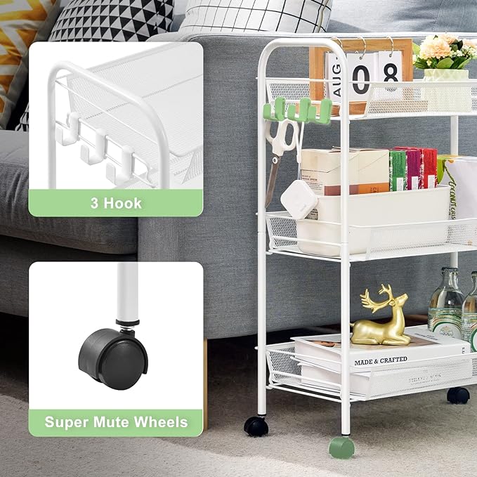 TOOLF 3-Tier Metal Rolling Cart, Mesh Wire Easy Assemble Utility Cart, Storage Trolley on Wheels with 3 Hooks, MetalStorage Shelving Units for Kitchen Bathroom Laundry Room - LeafyLoom