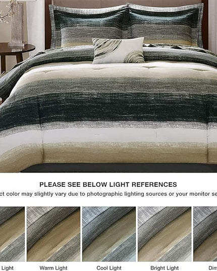 Madison Park Essentials King Comforter Set, Bed in a Bag King, Watercolor Print Coastal Comforter & Chambray Cotton Sheet Set, All Season Bedding Set, Saben, Taupe King (104 in x 92 in) 9 Piece - LeafyLoom