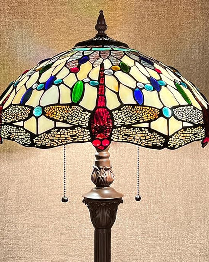 Capulina Tiffany Floor Lamp Cream Dragonfly Antique Style Stained Glass Standing Reading Floor Light 16X16X63 Inches Decor for Living Room Bedroom Home Office - LeafyLoom