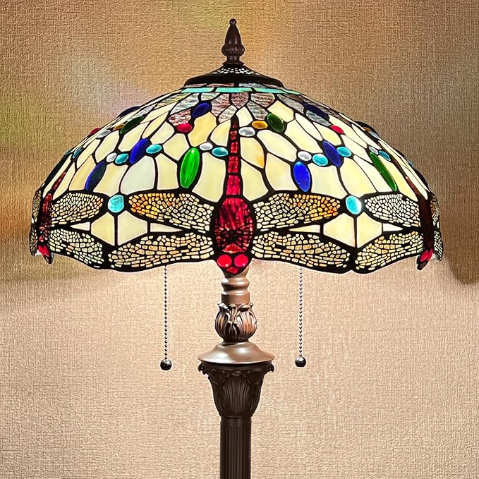 Capulina Tiffany Floor Lamp Cream Dragonfly Antique Style Stained Glass Standing Reading Floor Light 16X16X63 Inches Decor for Living Room Bedroom Home Office - LeafyLoom