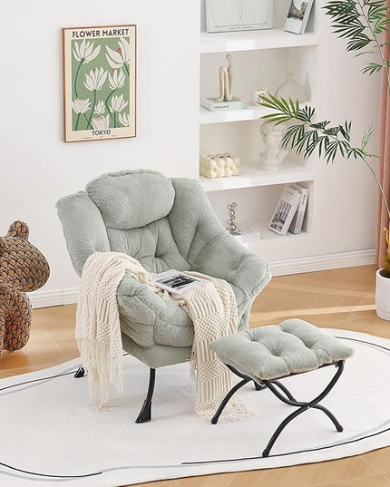 Welnow Lazy Chair with Ottoman, Modern Lounge Accent Chair with Armrests and a Side Pocket, Leisure Sofa Chair, Reading Chair with Footrest for Small Space, Corner Chair, Plush Green - LeafyLoom