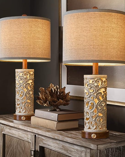 OYEARS 3-Way Dimmable 22'' USB A+C Touch Control Table Lamp Set of 2 with Nightlight for Living Room Bedroom Farmhouse Bedside Nightstand Lamps (Brown, Bulb Included) - LeafyLoom