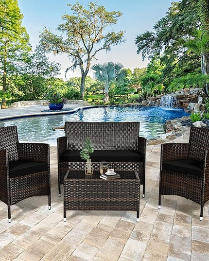 Goplus 4-Piece Rattan Patio Set, Outdoor/Indoor Wicker Conversation Set for Pool, Backyard, Lawn, Wicker Chairs and Sofa with Soft Cushion, Rattan Furniture with Tempered Glass Coffee Table - LeafyLoom