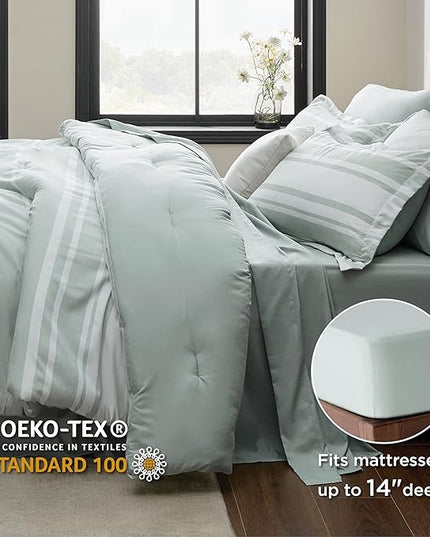 Bedsure Bed in a Bag King Size 7 Pieces, Sage Green White Striped Bedding Comforter Sets All Season Bed Set, 2 Pillow Shams, Flat Sheet, Fitted Sheet and 2 Pillowcases - LeafyLoom